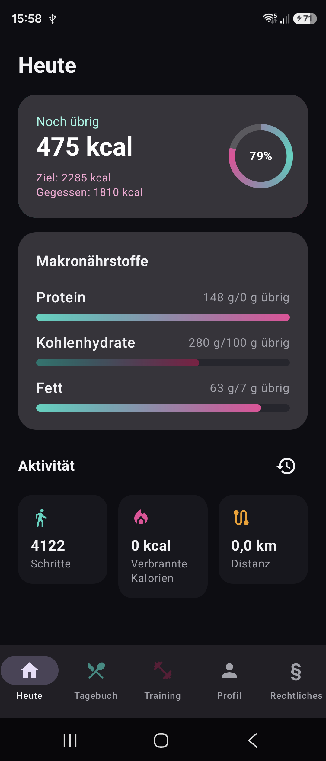 Dashboard mit Kalorienring