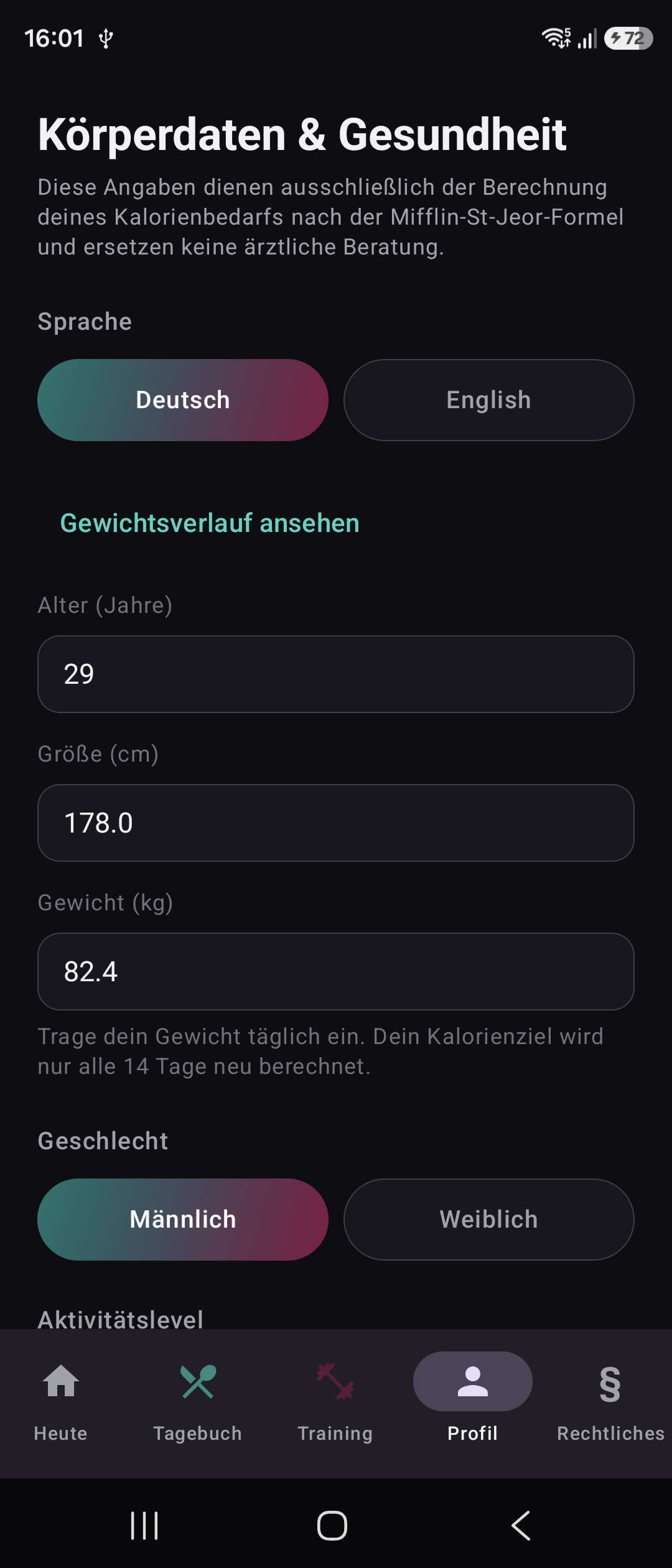 Profil mit Körperdaten